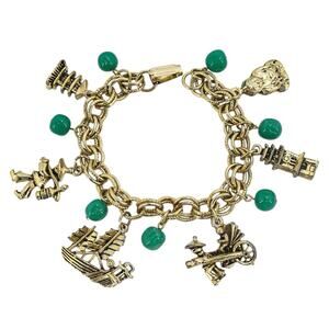 Vintage Asian Pagoda Charm Bracelet Buddha Ship Faux Jade Green Beads 1970s 7”